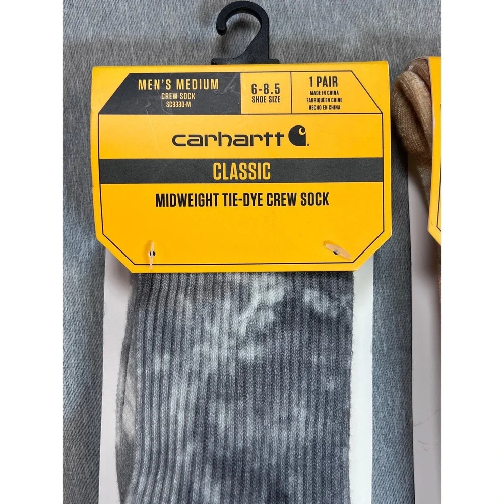 Carhartt Men 2-Pack Midweight Tie-Dye Crew Socks Grey Khaki Medium Mens 6-8.5